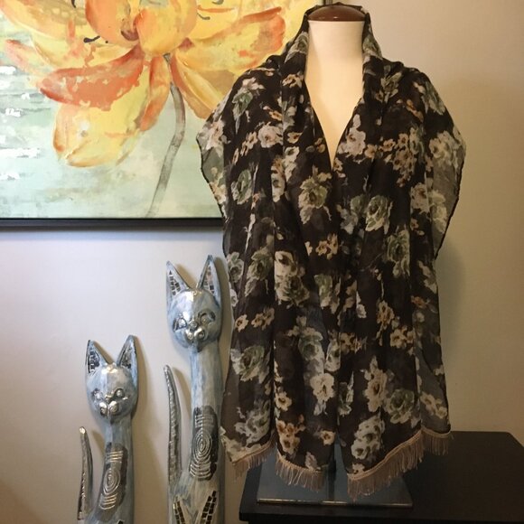 Large Voluminous Semi Sheer Tasseled Floral Scarf In Brown, Cream and Sage - Picture 2 of 14